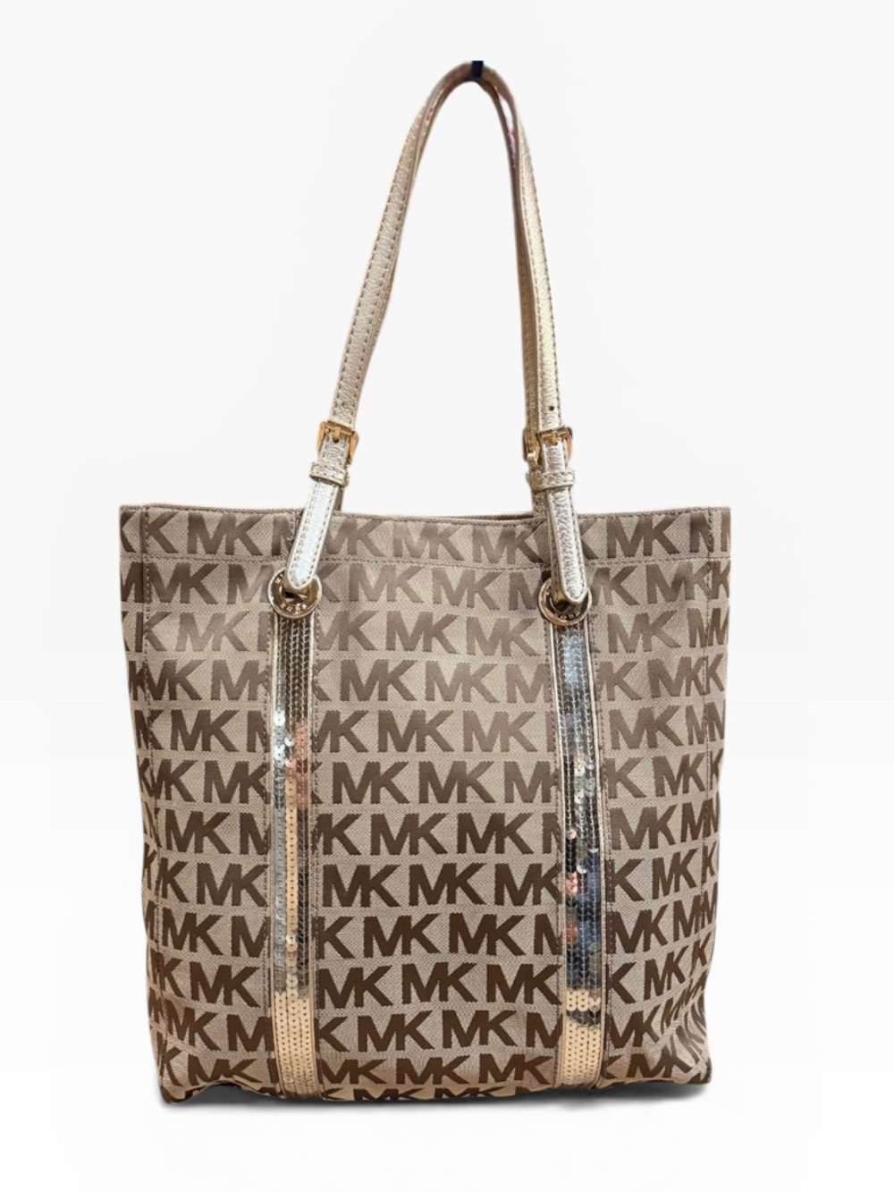 Michael Kors Monogram Sequin Stripe Tote Bag - Gold/Tan - Picture 2 of 15